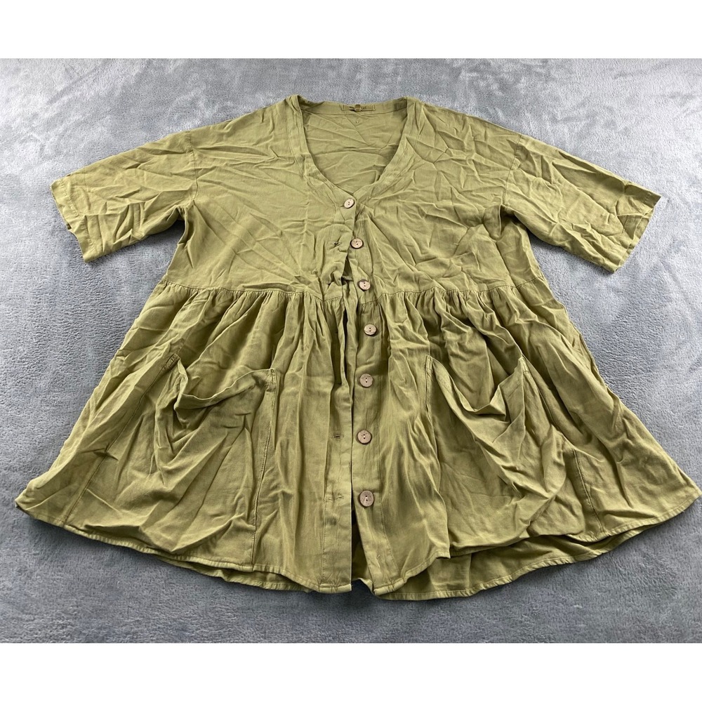 Rip Curl Womens Olive Green Button Front Babydoll Tunic Top Pockets Size L